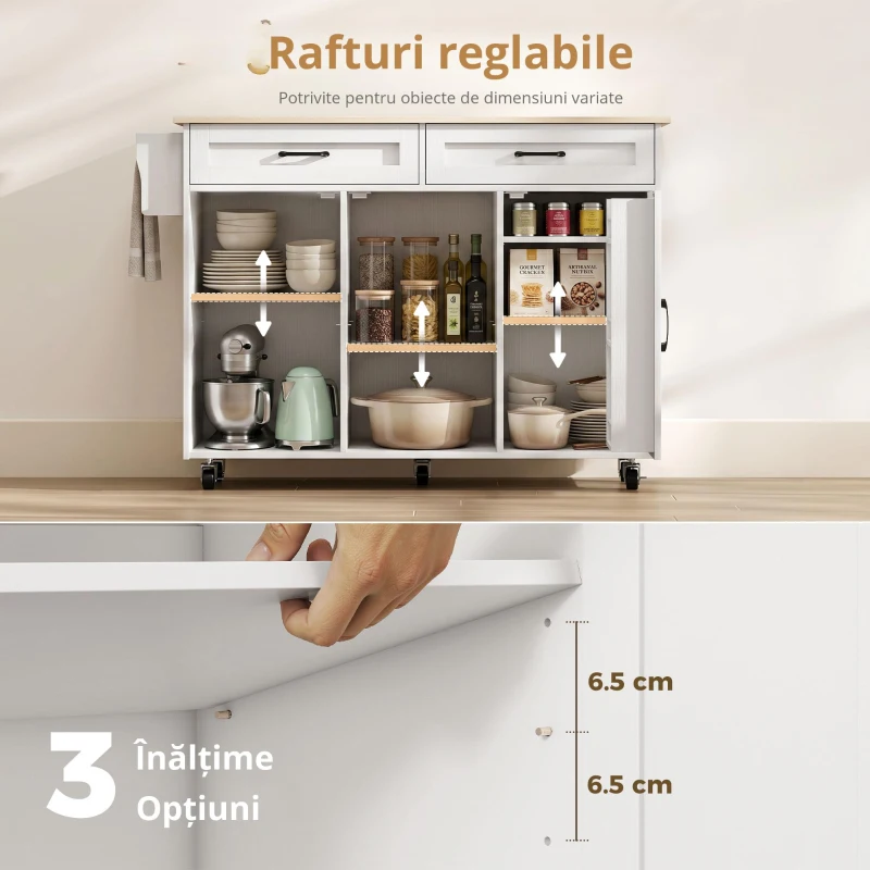 HOMCOM Insulă de bucătărie cu blat rabatabil, cărucior pe roți 2 sertare, 3 uși, suporturi și suport pentru prosoape, alb
