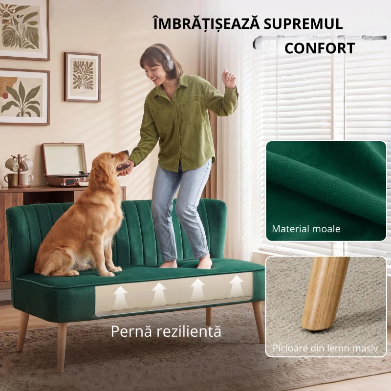 HOMCOM Canapea design retro 2 locuri, picioare din lemn, 117 cm x 56,5 cm x 77 cm, Verde închis
