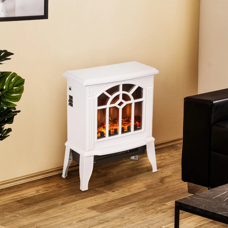 HOMCOM Lareira Elétrica Portátil 1000/2000W com Simulação de Chama Termostato e Proteção de Superaquecimento 36,5x24x46 cm Branco