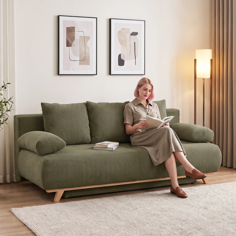 HOMCOM Schlafsofa mit verstellbarer Rückenlehne, Bettfunktion, verstecktem Stauraum und Cordbezug, Dunkelgrün