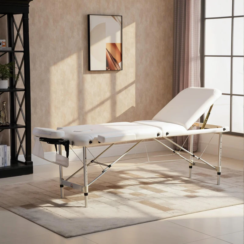 HOMCOM Mobile Massageliege 3 Zonen Klappbar Massagetisch mit Kopfstütze Armlehne Tragetasche höhenverstellbare Aluminium Massagebett tragbar inkl. Zubehör Massagebank bis 225 kg Belast Weiß