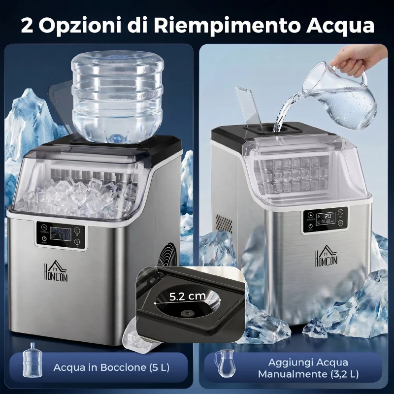 HOMCOM Macchina del Ghiaccio Autopulente da 24 Cubetti ogni 14-18 Minuti con Display LCD, in Acciaio Inox, 25.2x36x37.1 cm