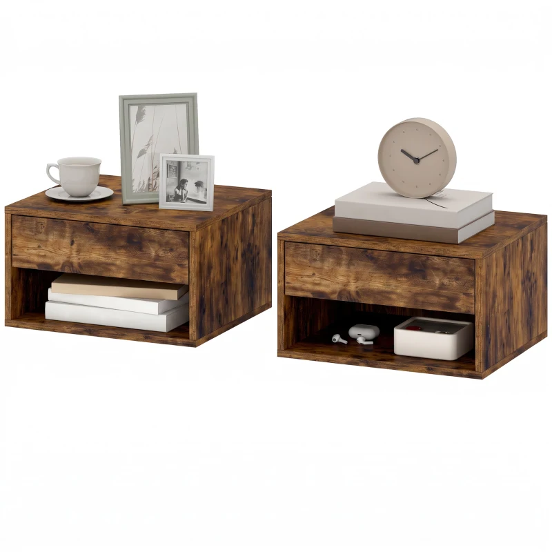 HOMCOM Set of Two Floating Bedside Tables - Rustic Brown