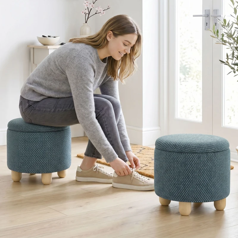 HOMCOM Storage Sitting Bench with Lid, Round Storage Ottoman with Rubberwood Legs, Dark Blue