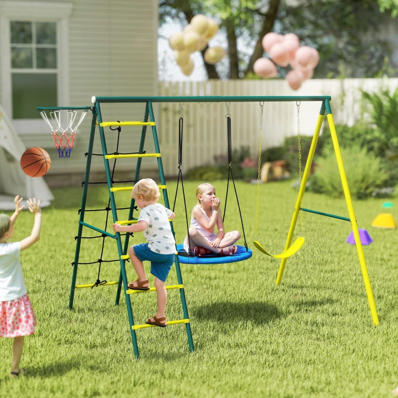Outsunny Baloiço Infantil 4 em 1 com Baloiço Ninho e Individual Rede de Escalada Cesto de Basquetebol Escada Amarelo