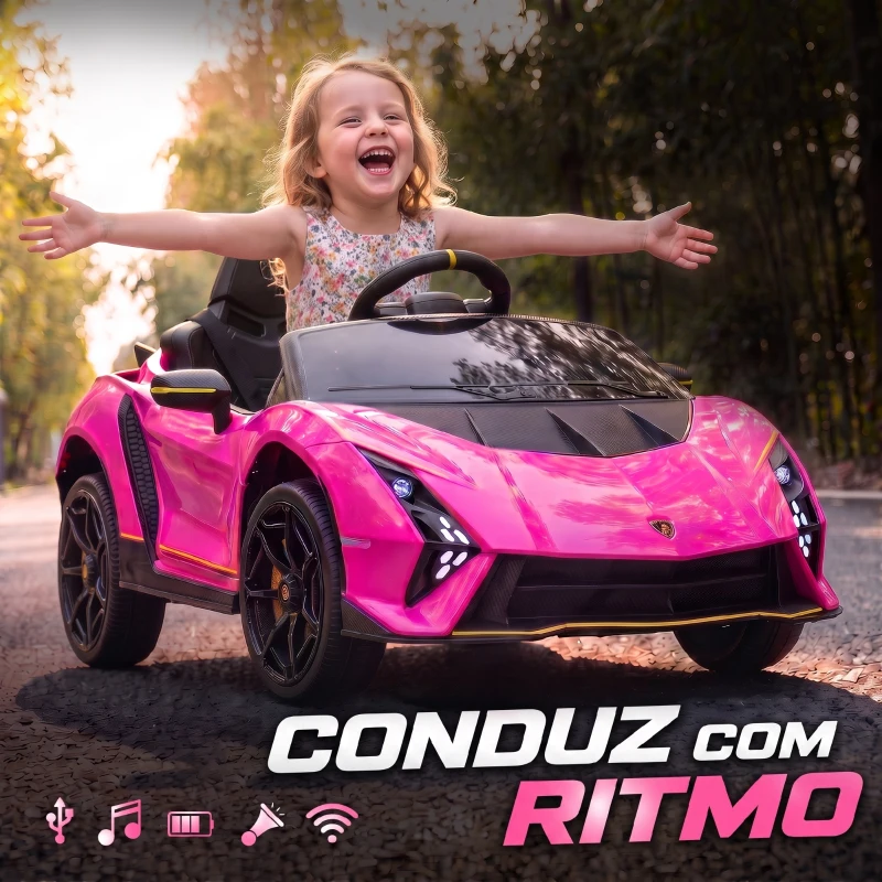 AIYAPLAY Carro Elétrico para Crianças Lamborghini 12V Controlo Remoto Faróis Buzina Arranque Lento e Música MP3 114,5x64x45,5 cm Rosa