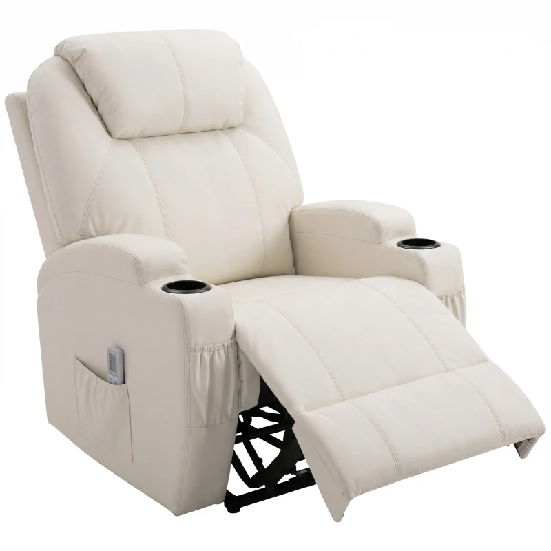 HOMCOM Fernsehsessel Elektrisch Relaxsessel mit Liegefunktion Aufstehhilfe Massage Massagesessel mit verstellbar Rückenlehne Seitentasche Getränkehalter TV Sessel bis 160kg für Wohnzimmer Cremeweiß