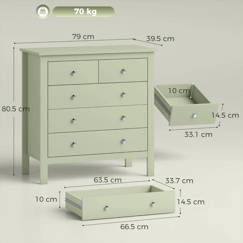 HOMCOM 5 Drawer Chest of Drawers, Modern Dresser for Bedroom, Bedside Storage Cabinet, Wide Storage Unit with Glide Runners for Living Room, Hallway, Closet, 79 x 39.5 x 80.5 cm, Sage Green