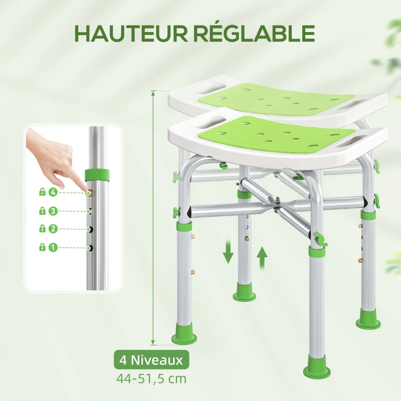 HOMCOM Tabouret de douche chaise de douche - assise rembourré et réglable, patins à ventouses antidérapants, en aluminium vert