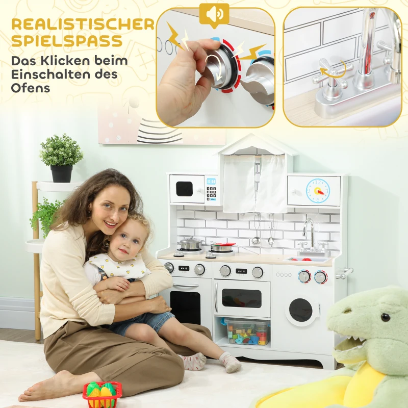 AIYAPLAY Kinderküche Spielküche mit Ofen Spüle Soundfunktion und Zubehör Geschenk für Mädchen Jungen 3-6 Jahren Weiß