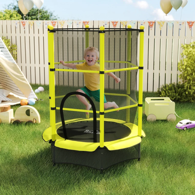 HOMCOM Cama Elástica Infantil Ø140 cm para Crianças dos 3-10 Anos com Rede de Segurança, Suporta até 50 kg, para Interior e Exterior, Amarelo
