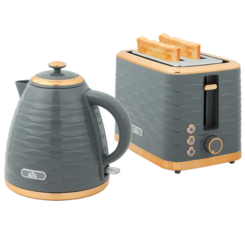 HOMCOM 3000W 1.7L Rapid Boil Kettle & 2 Slice Toaster, Kettle and Toaster Set with 7 Browning Controls and Crumb Tray, Grey