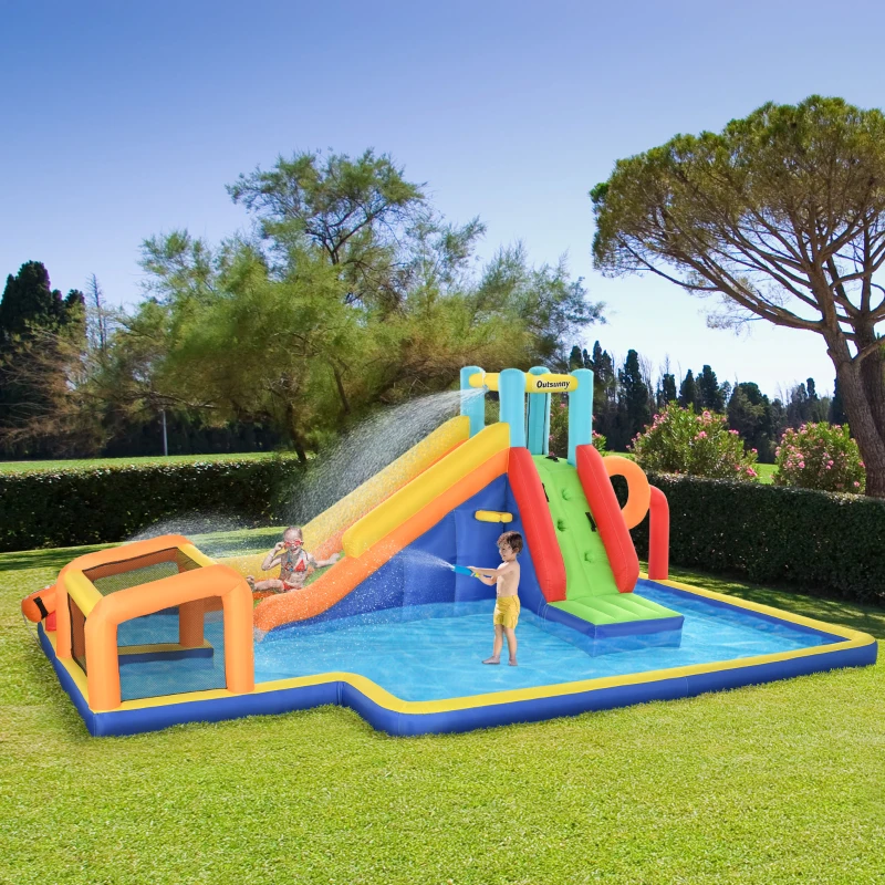 Outsunny Castello Gonfiabile per Bambini 3-8 Anni con Scivolo, Parete, Porta e Canestro, in Tessuto Oxford, 590x460x220 cm