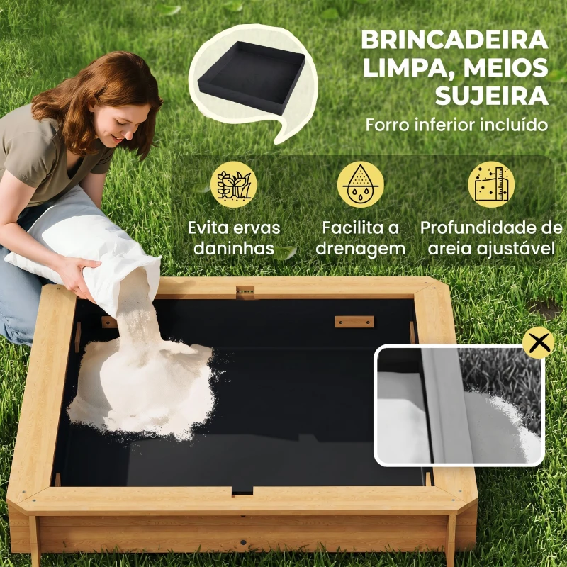 Outsunny Caixa de Areia para Crianças de Madeira com Toldo Ajustável em Altura 2 Bancos e Encostos para Jardim 106x106x121 cm Natural
