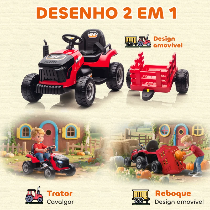 AIYAPLAY Trator Elétrico para Crianças com Reboque Desmontável Bateria 12V Velocidade 3-5 km/h Controle Remoto 2,4G 139x58x55 cm Vermelho
