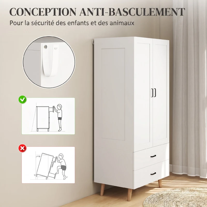 HOMCOM Armoire chambre penderie 2 portes à fermeture douce, 2 tiroirs et barre de suspension, 80x54x180cm, blanc