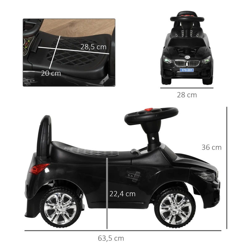 HOMCOM Carro Andador para Crianças com Faróis Música Buzina Volante Compartimento de Armazenamento 63,5x28x36 cm Preto