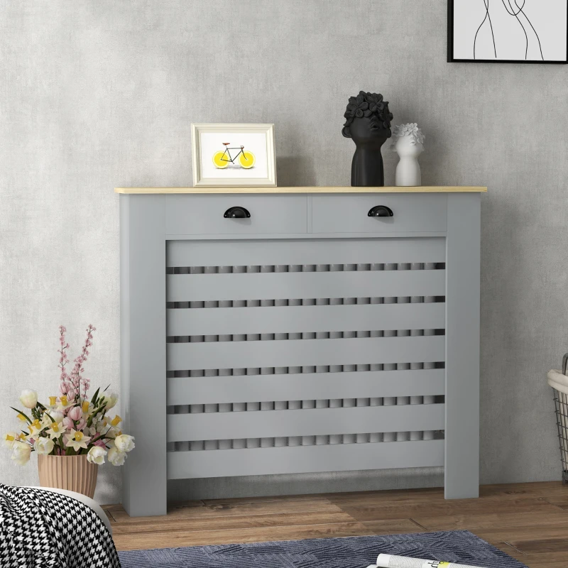 HOMCOM Copritermosifone in MDF a Doghe, Copricalorifero a Griglia con 2 Cassetti, 111x19x95.5 cm, Grigio