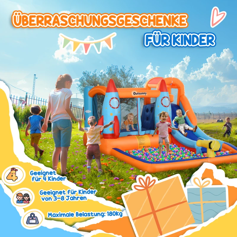 Outsunny Opblaasbaar Springkasteel met Blower voor 4 Kinderen Raketpatroon