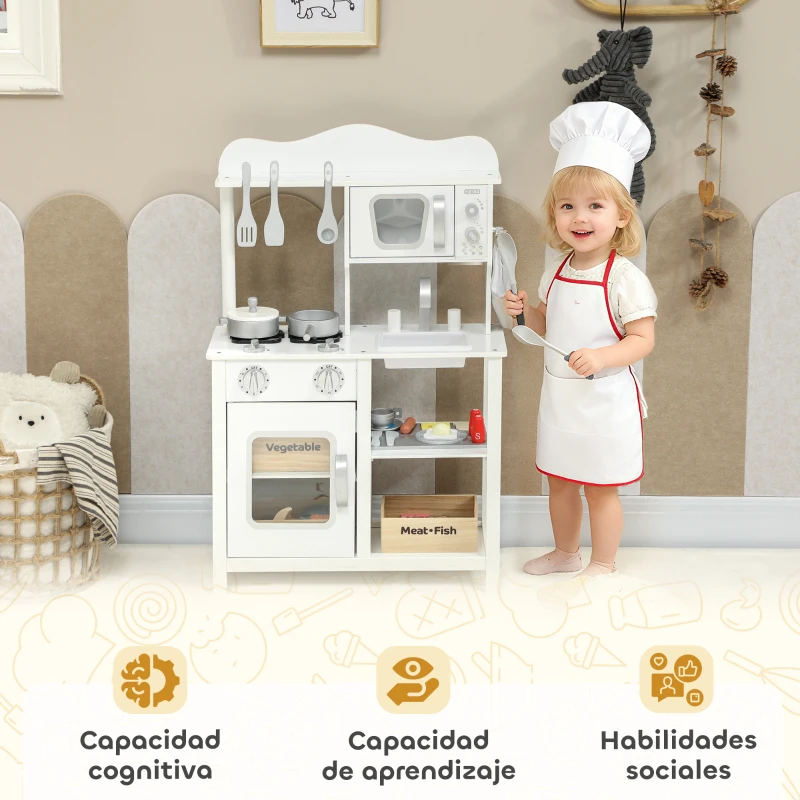 AIYAPLAY Cocina de Juguete de Madera con Sonido Accesorios Fregadero y Microondas para Niños a Partir de 3 Años Blanco