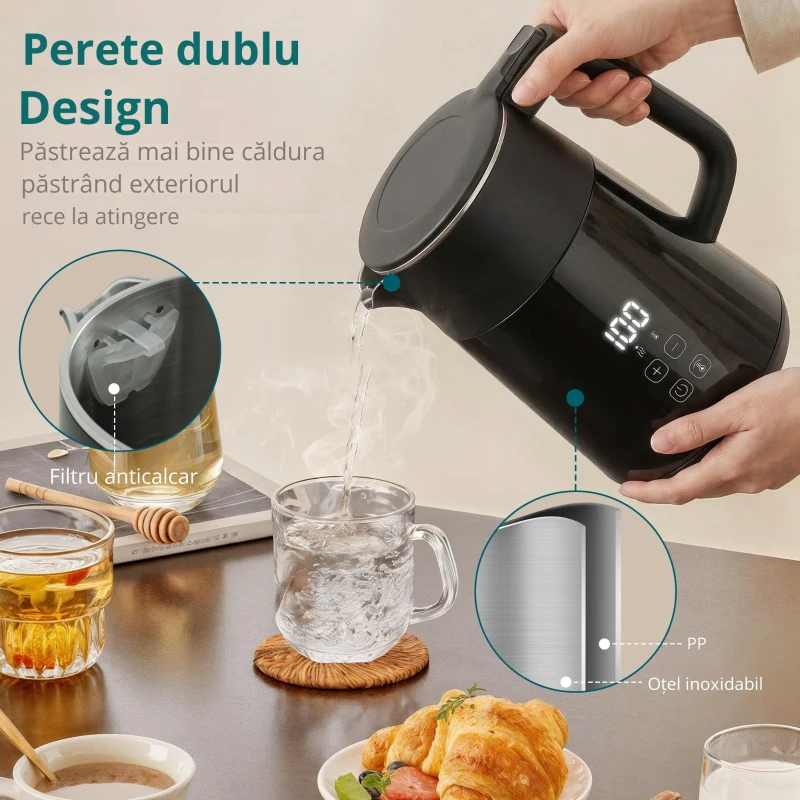 HOMCOM Fierbător electric, 1,7L, Încălzire rapidă, 3000W, cu afișaj LED, funcție de menținere la cald, protecție la funcționare în gol, fără PTFE