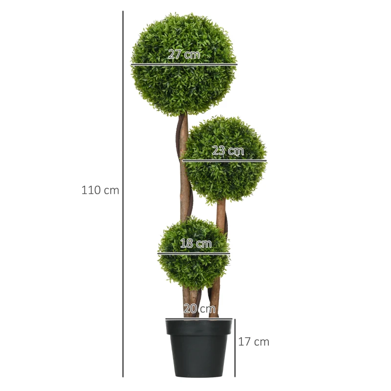 HOMCOM Künstlicher Buchsbaum groß 110cm, UV-beständige Kunstpflanze mit 3 Kugeln für Wohnzimmer Schlafzimmer Büro Garten