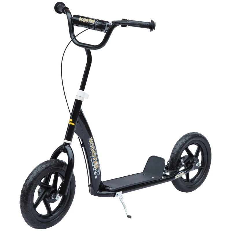 HOMCOM Trottinette enfant patinette pneus 30 cm Hauteur Guidon réglable poignée Frein et béquille Acier pour enfants à partir de 5 ans Noir