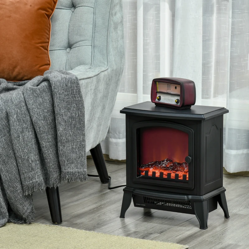 Șemineu Electric Portabil HOMCOM 1000W/2000W cu Efect de Flacără, din ABS și Sticlă Temperată, 36,5x24x45,5 cm, Negru