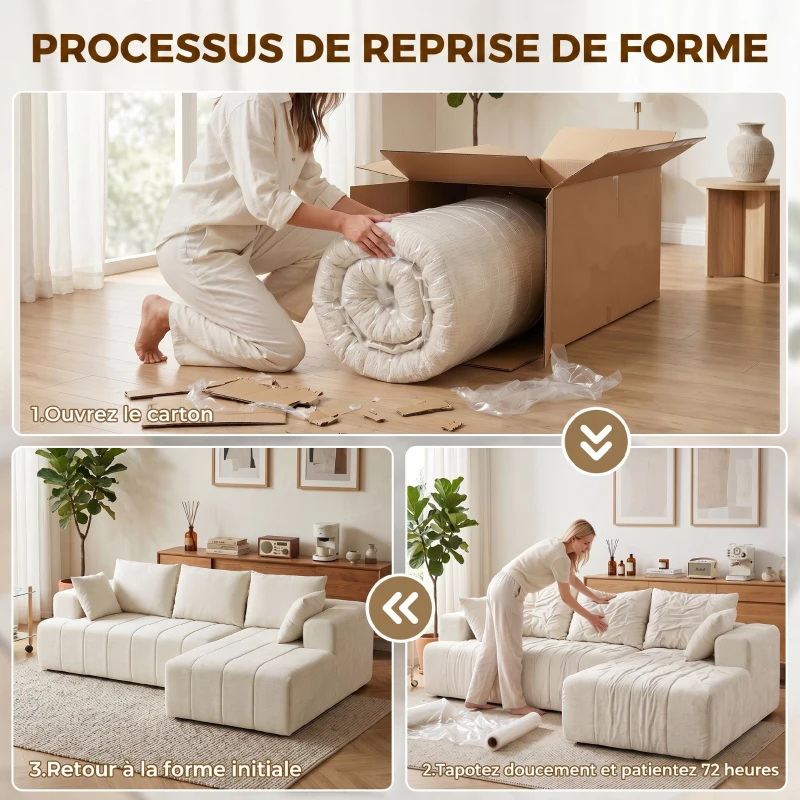 HOMCOM Canapé d'angle 256 cm avec méridienne, canapé-lit 3 places en chenille forme de L, assise et accoudoirs larges, beige