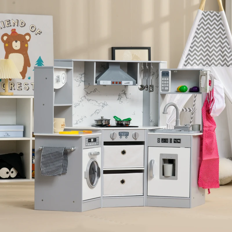 AIYAPLAY Cuisine enfant en bois avec 17 accessoires légumes en plastique boutons et lumières toque 3-6 ans gris blanc