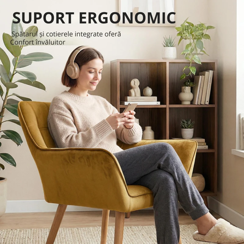 HOMCOM Fotoliu Tapitat, Fotoliu Cu Accente, Design Nordic, Efect De Catifea, până la 120 kg, picioare din lemn de cauciuc, Galben
