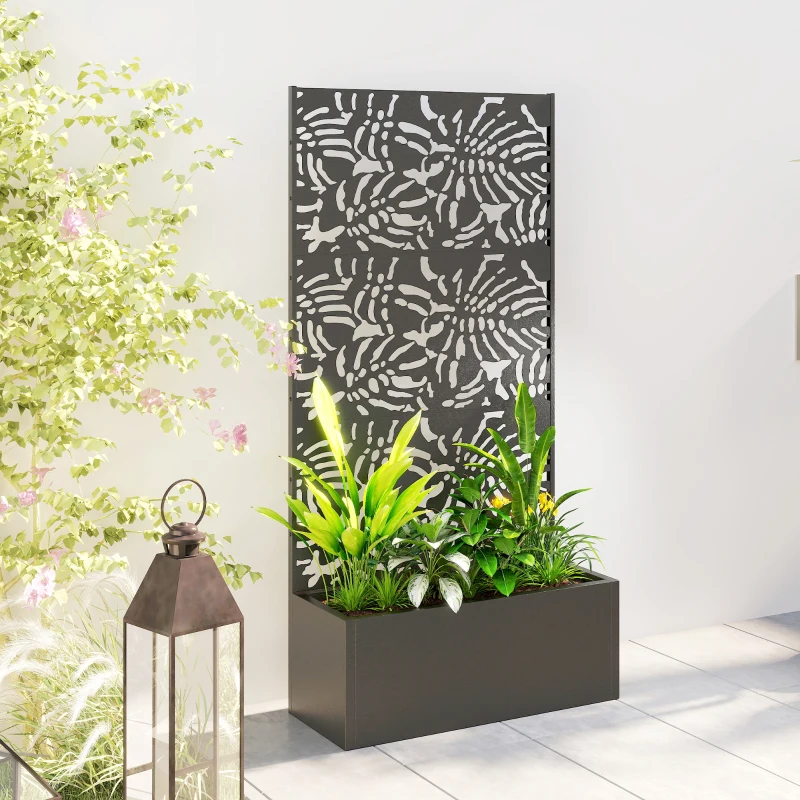 Outsunny Jardinière avec treillis, bac à fleurs, avec brise-vue, pour plantes grimpantes, métal, 90 x 35 x 180 cm, noir