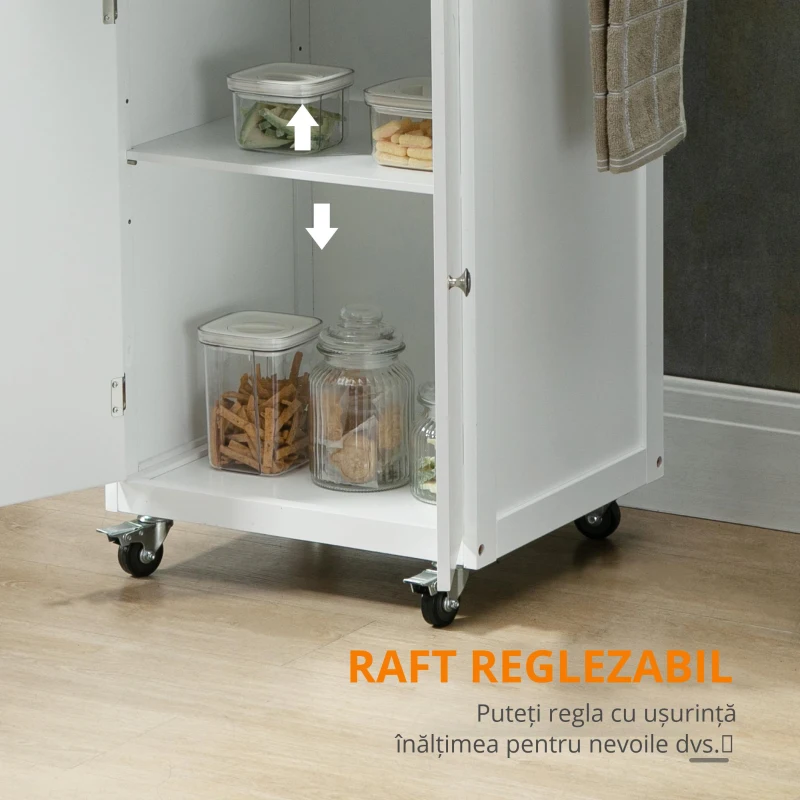 HOMCOM Cărucior de servire cărucior de bucătărie cu roți multi-depozitare 1 sertar ladă 2 uși cu raft suport pentru prosoape MDF alb oțel inoxidabil