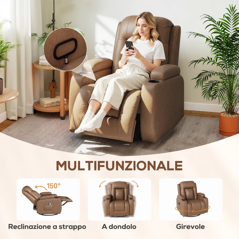 HOMCOM Poltrona Relax Reclinabile Massaggiante Riscaldante in Similpelle con 8 Punti Massaggio, Marrone