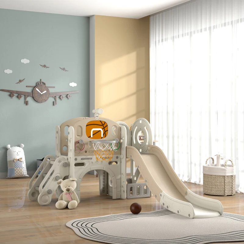 AIYAPLAY Kinder-Spielgerüst, 7-in-1 Rutsche, Indoor Spielplatz mit Stauraum und Krabbeltunnel, 186x153x111 cm, Cremeweiß