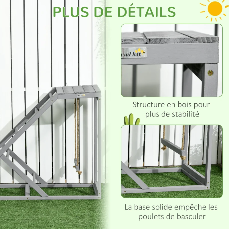 PawHut Perchoir en bois pour poule, aire de jeux en bois pour poules avec balançoire, échelle, plateforme, 96 x 40 x 71 cm, gris