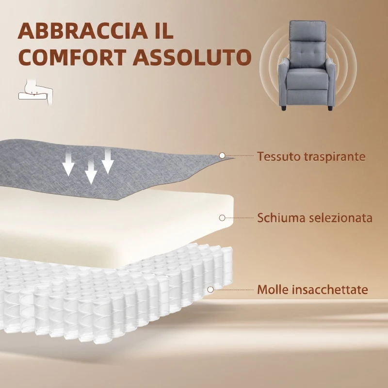 HOMCOM Poltrona Massaggiante e Reclinabile a 160° con Poggiapiedi e Telecomando, 69x93x104cm, Effetto Lino Grigio Chiaro