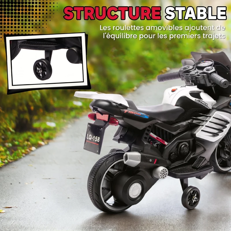 AIYAPLAY Moto électrique enfants 6 V, voiture électrique enfants avec roues d'entraînement, effets lumineux et sonores, blanc