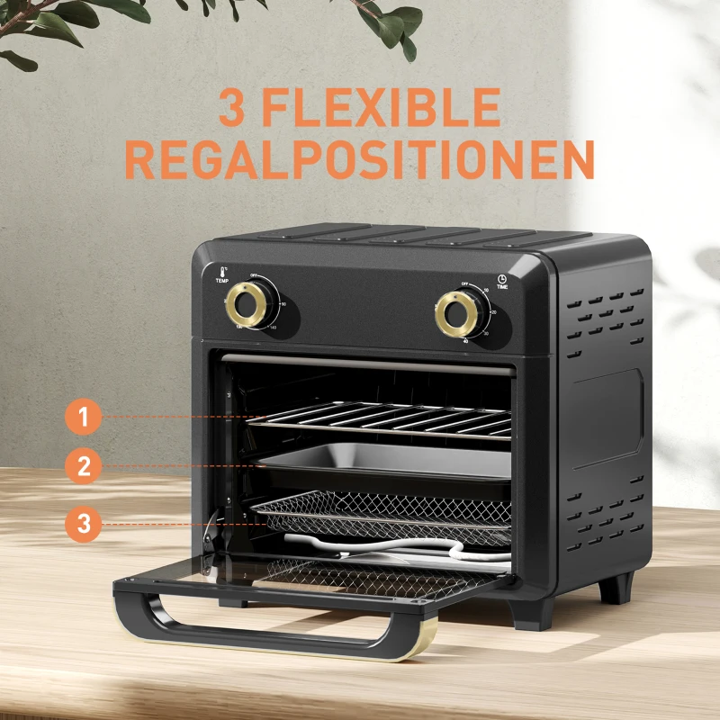 HOMCOM Minibackofen mit Umluft, Heißluftfritteuse, Timer, Innenbeleuchtung, 10L, Schwarz