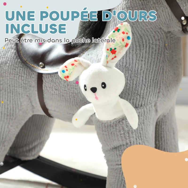 AIYAPLAY Cheval à bascule pour enfants, jouet à bascule bébé en peluche avec eouetffet sonore et poupée, 65 x 26 x 55 cm, gris