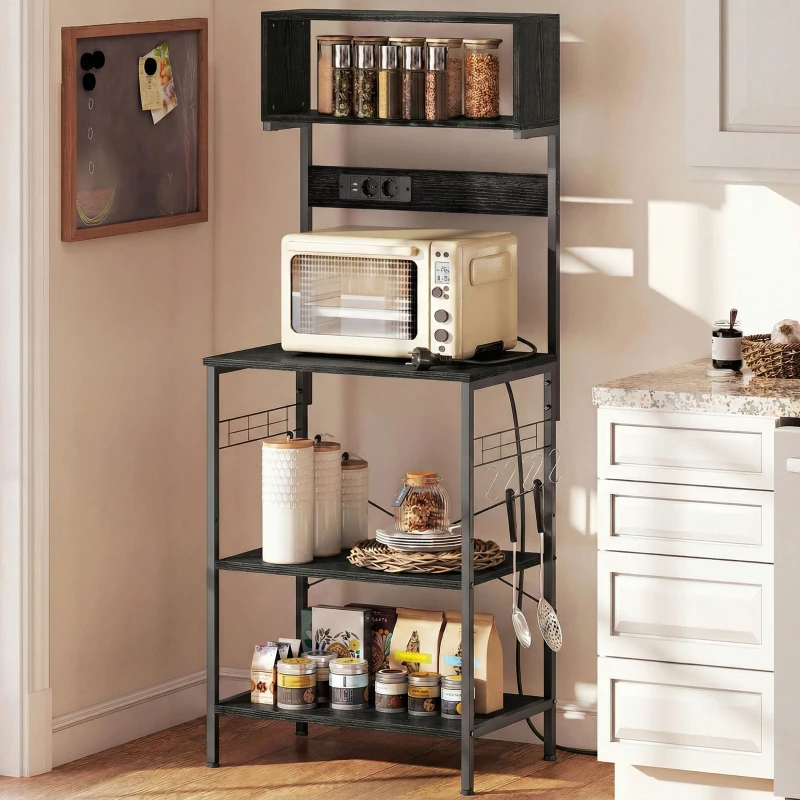 HOMCOM Scaffale da Cucina con Multipresa per Microonde con Ripiani e Ganci Stile Industriale, Legno e Acciaio, Nero