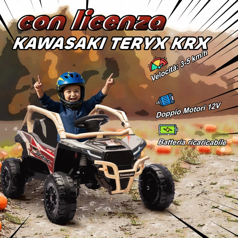 AIYAPLAY Macchina Elettrica per Bambini 3-8 Anni 12V con Licenza KAWASAKI, Doppio Motore, Telecomando e Musica, Giallo