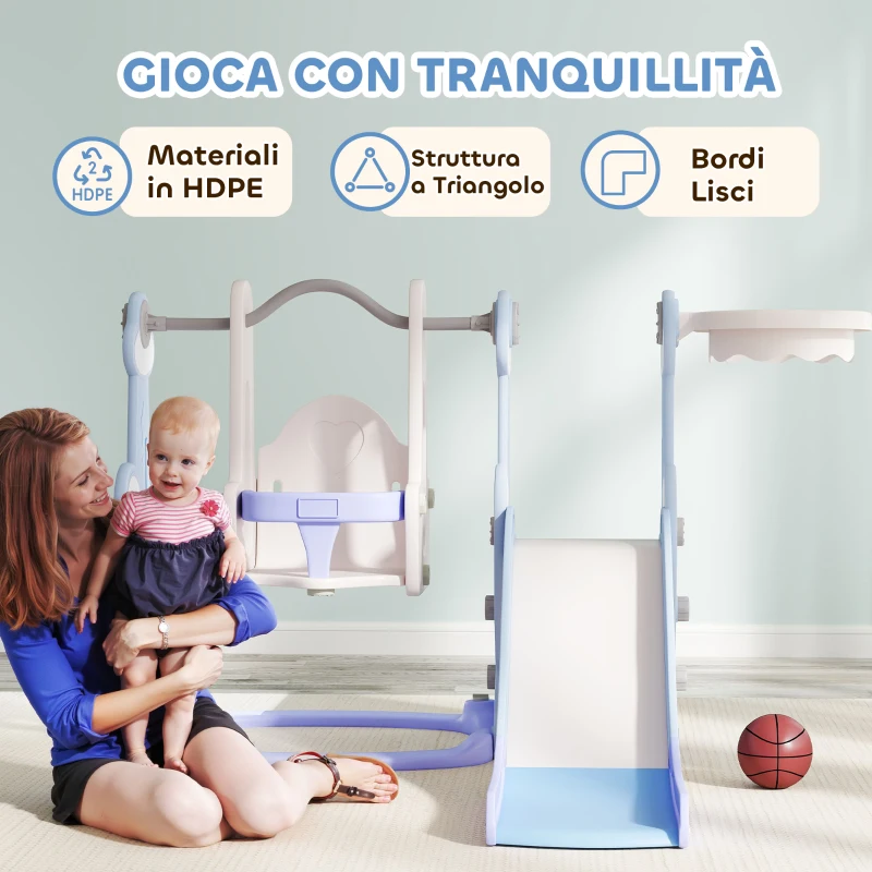 AIYAPLAY Gioco per Bambini 4 in 1 con Scivolo, Altalena, Arrampicata e Canestro, 147.5x160x107 cm, Azzurro Chiaro