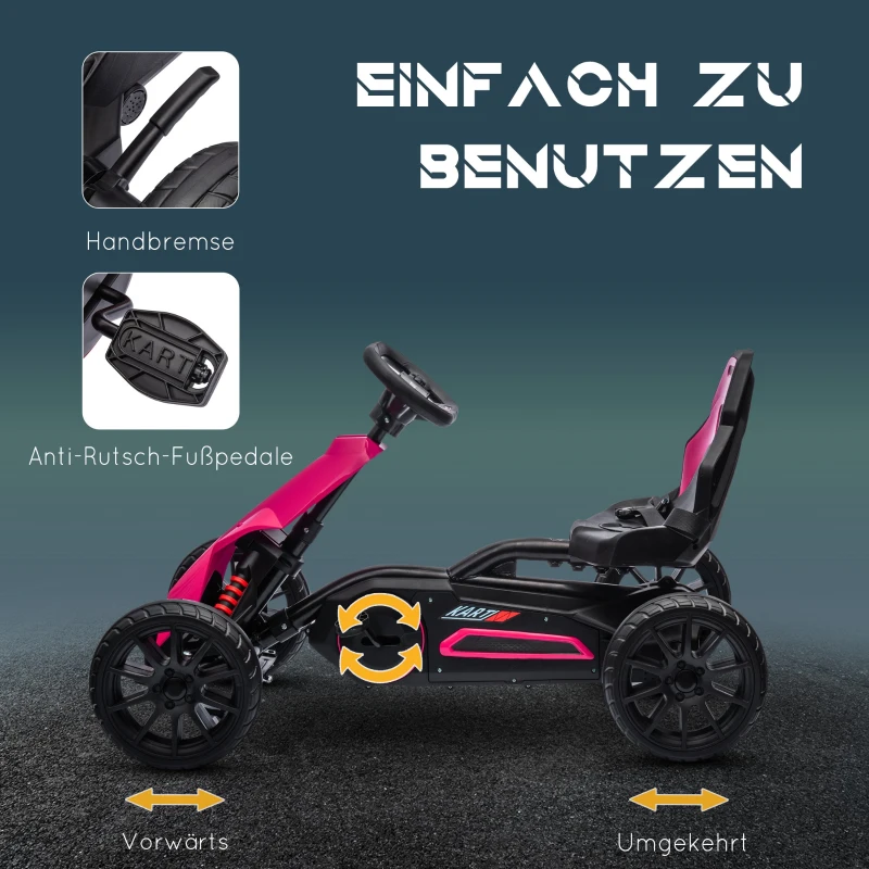 HOMCOM Go-Kart, Kinderfahrzeug mit verstellbarem Sitz, Tretfahrzeug, Tretauto mit Handbremse, 3-8 Jahre, Outdoor, Rosa