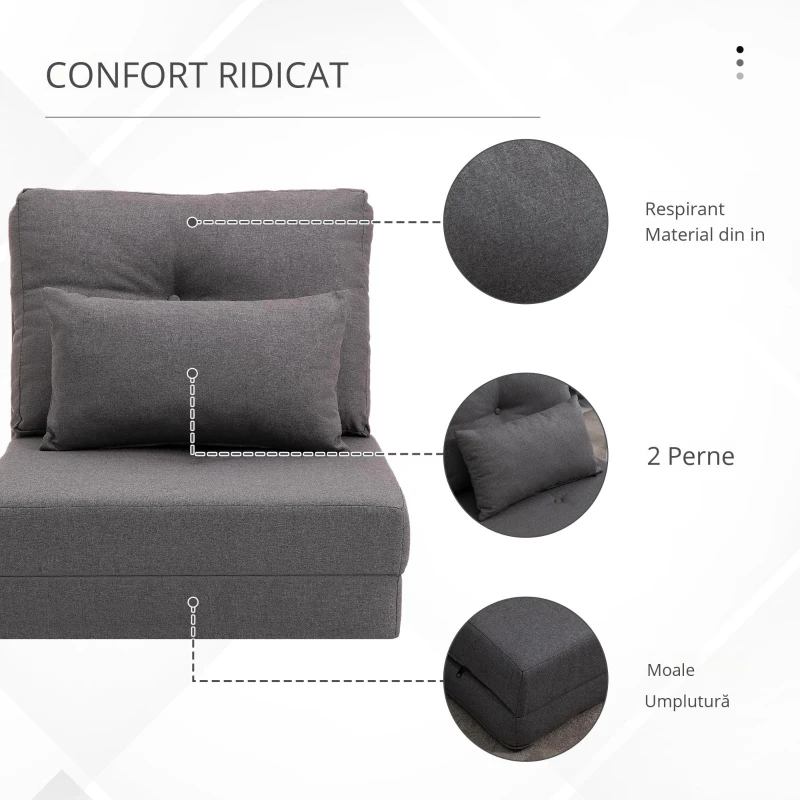 HOMCOM Fotoliu de podea cu pat pliabil, design 2 în 1, pernă detașabilă, 60 x 80 x 56 cm, Gri închis