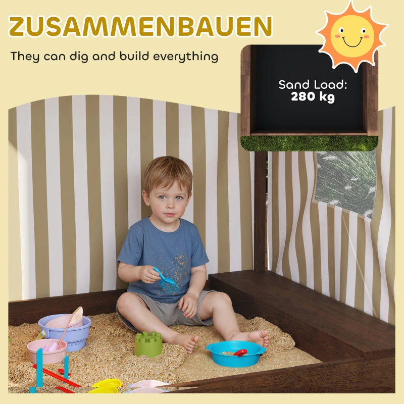 AIYAPLAY Sandkasten, Sandkiste mit Vordach und Netztür, Sitzbänke, Bodenschutz, Braun