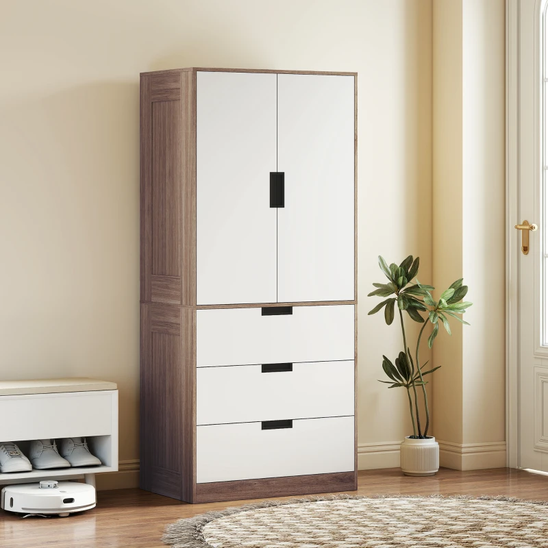 HOMCOM Armoire 2 portes, armoire moderne avec 3 tiroirs et tringle de suspension pour chambre à coucher, marron