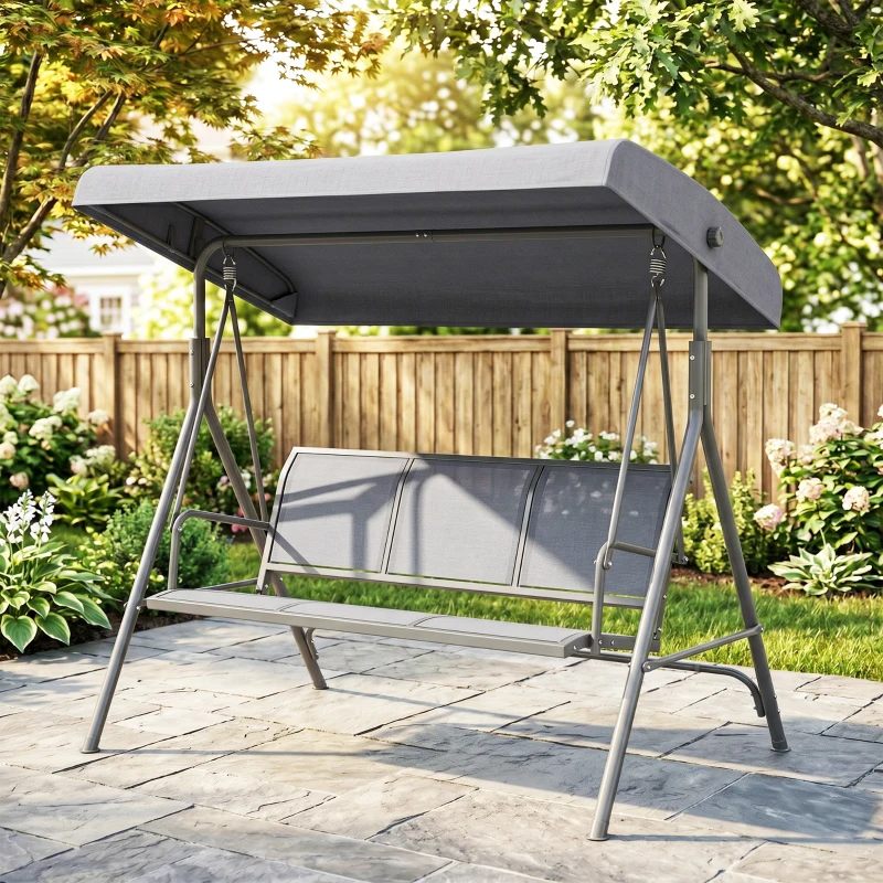 Outsunny Balancelle de Jardin 3 Places Toit Inclinaison réglable Assise et Dossier Ergonomique Acier textilène Gris