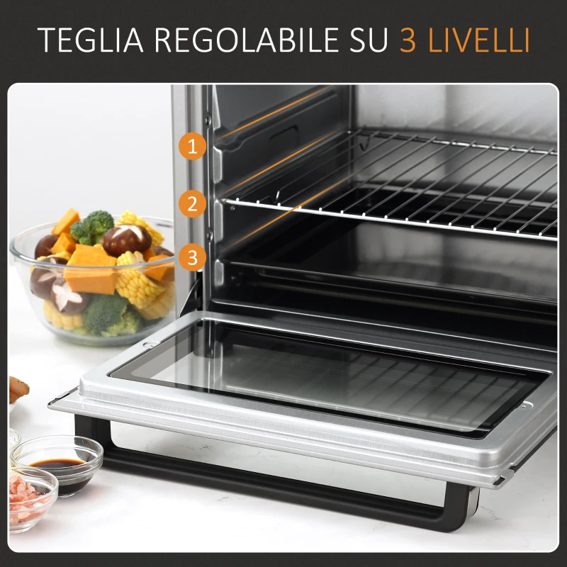 HOMCOM Fornetto Elettrico da 32L Regolazione Temperatura e Timer, 3 Modalità di Cottura e Accessori, Argento
