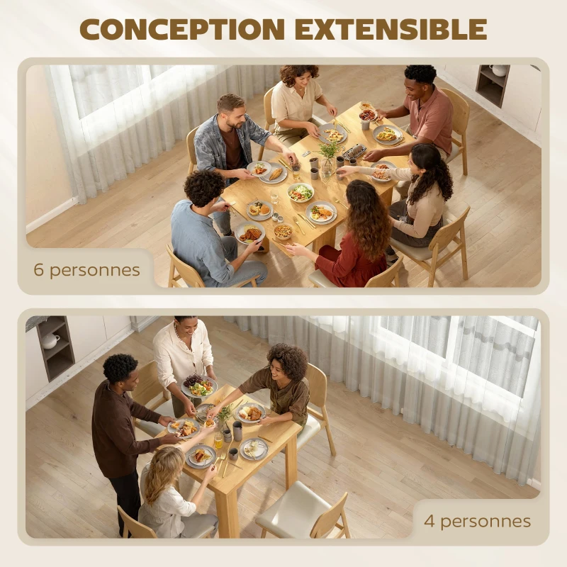 HOMCOM Table à manger extensible rectangle pour 4 à 6 personnes, table de cuisine 70-140 cm, patins en feutre, bois naturel